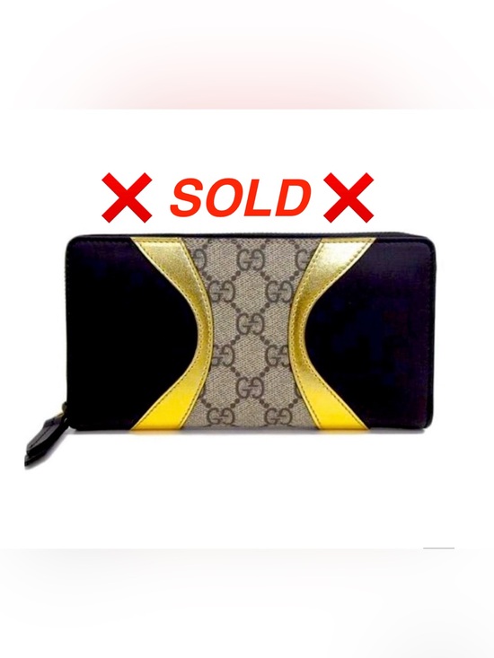 Gucci Handbags - Gucci Monogram Zip Wallet in Black, Gold and Beige